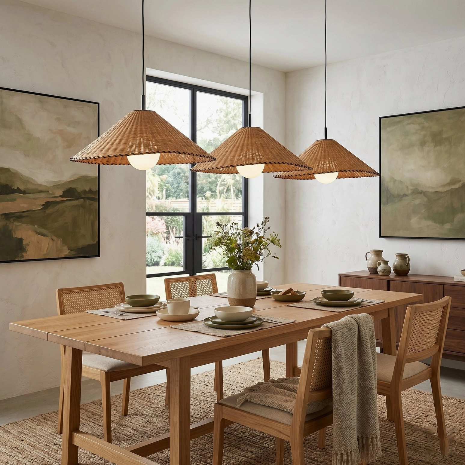 Three matching natural rattan pendant lights over large family dining table, warm rustic boho interior design