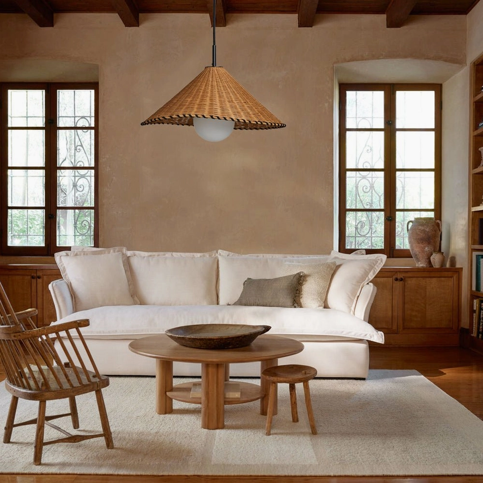 Davida rattan pendant showing light interaction with woven weave pattern, organic shadow casting on ceiling