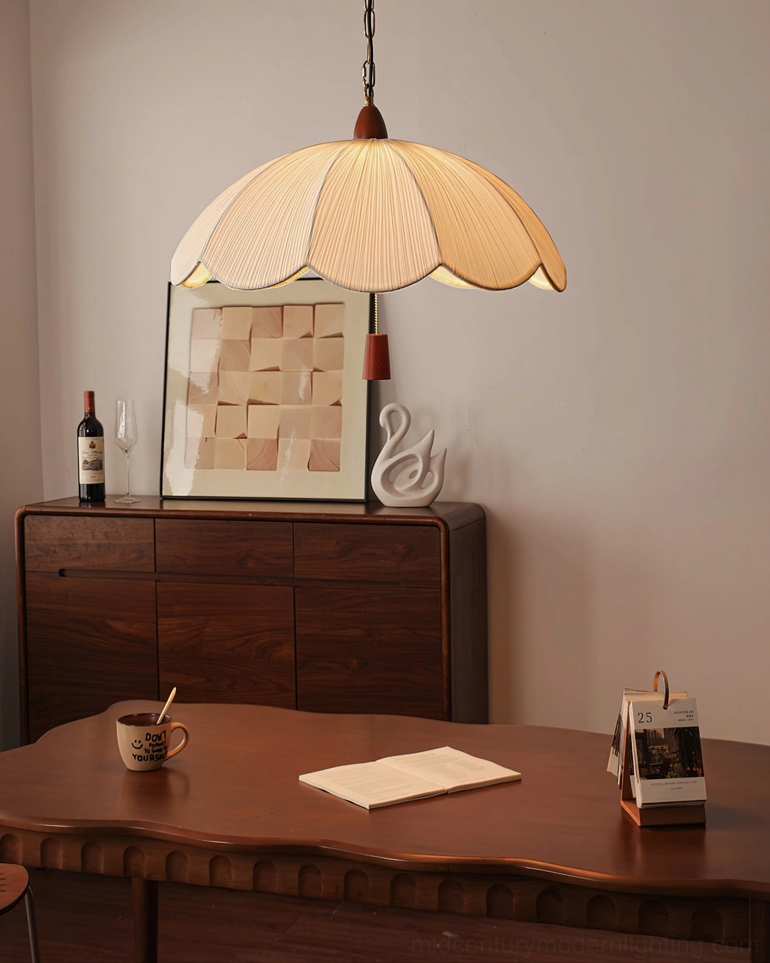 Dawson pendant light in vintage dining space with wooden furniture and warm ambient glow