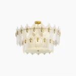 Decazes two-tier brass chandelier with textured clear glass, frontal studio view showcasing geometric design and warm copper finish