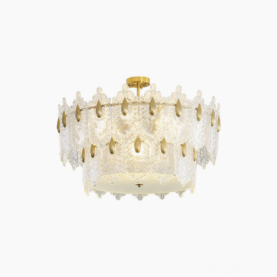 Decazes two-tier brass chandelier with textured clear glass, frontal studio view showcasing geometric design and warm copper finish