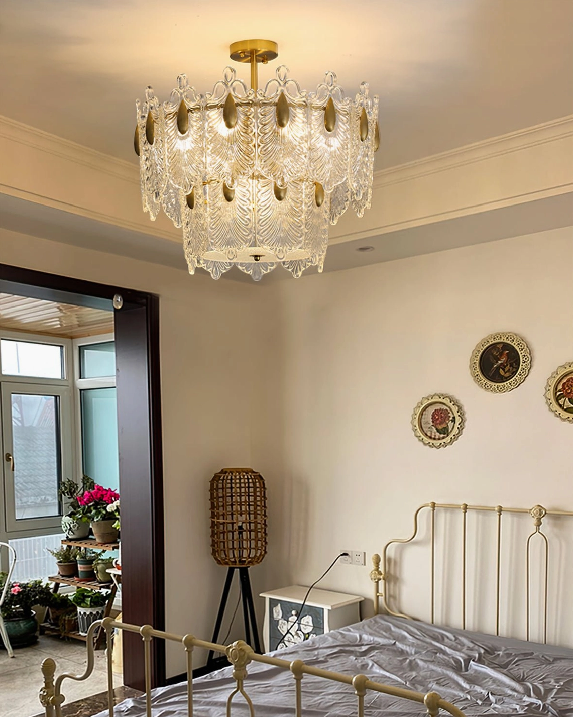 Decazes two-tier chandelier architectural detail, copper frame and textured glass construction, mid-century modern lighting design