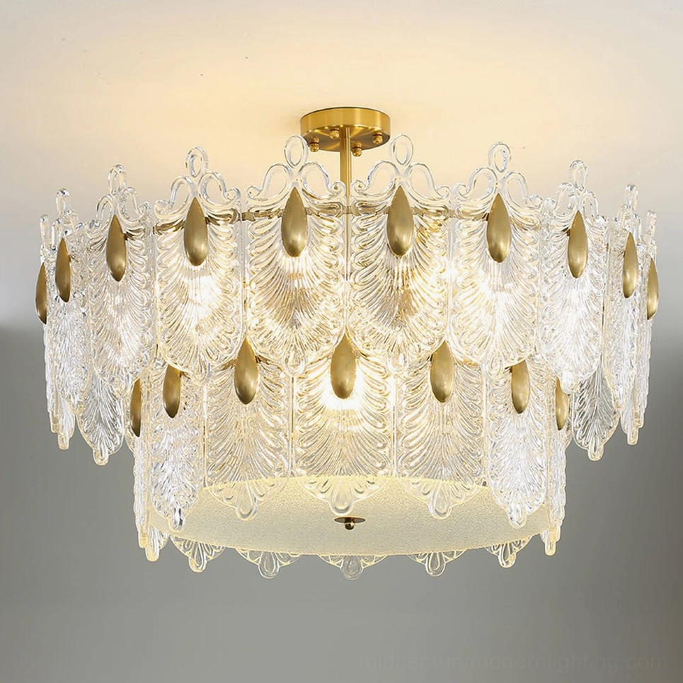 Decazes chandelier installation view, ceiling-mounted brass fixture, textured glass layers catching and diffusing light