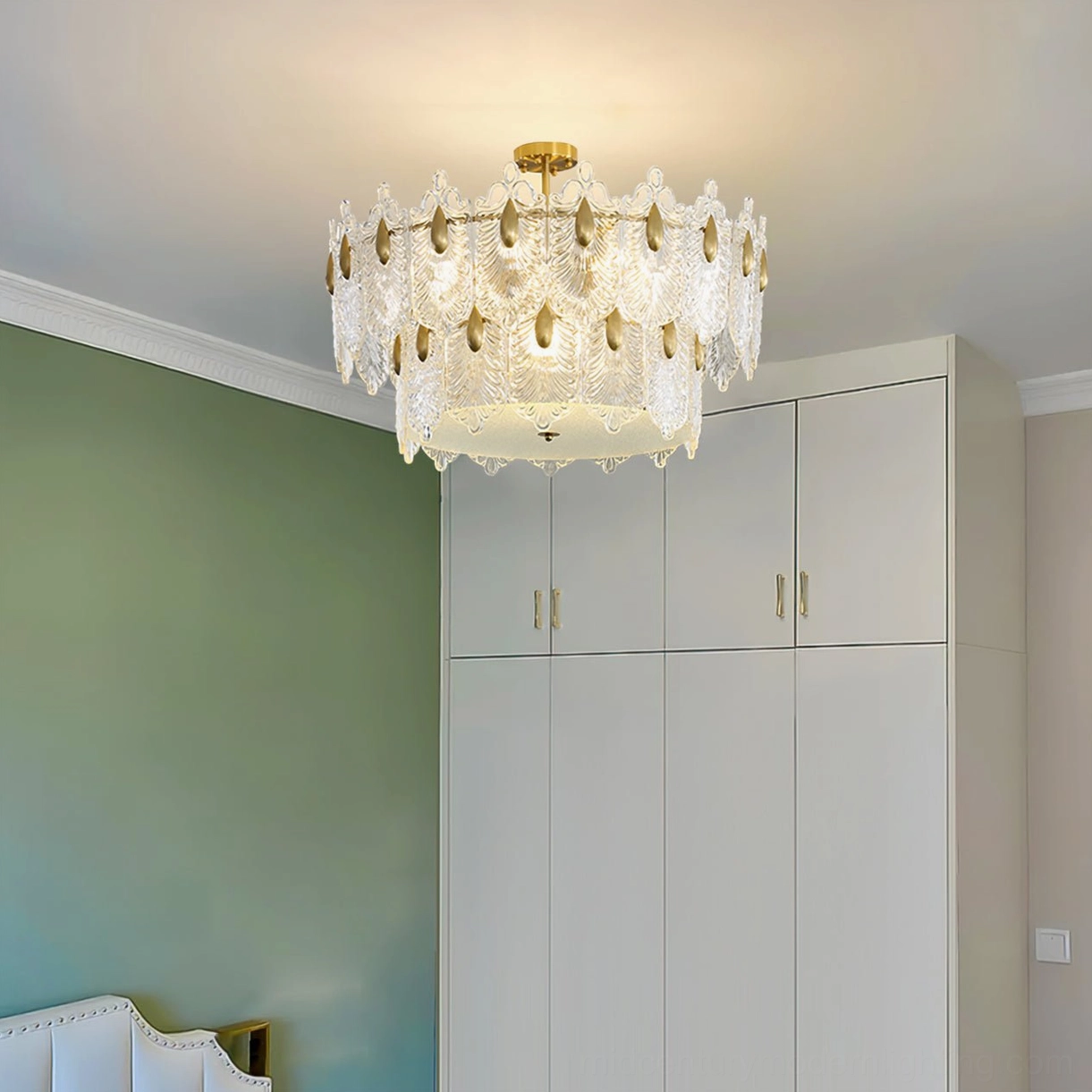 Decazes brass ceiling chandelier side profile view, two-layer construction showing glass panel arrangement and metal framework