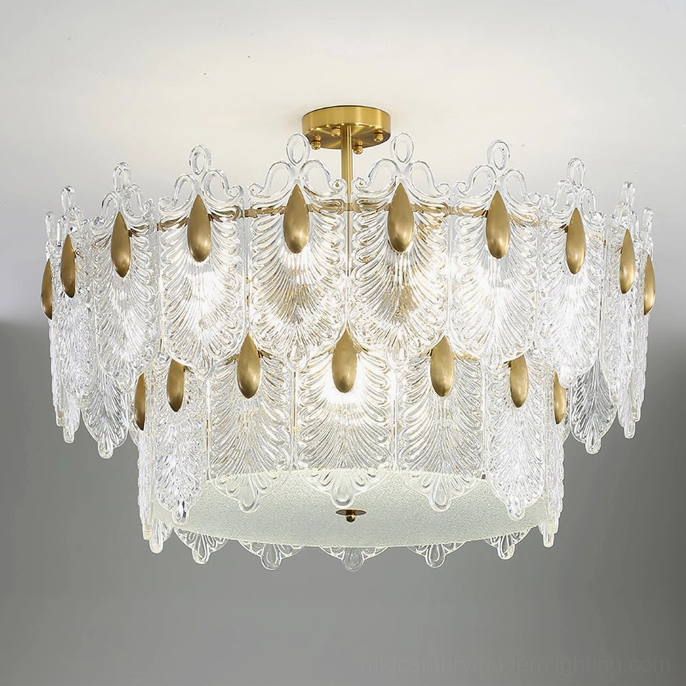 Decazes chandelier underside view, E14 bulb socket configuration, textured glass illumination pattern, light diffusion design