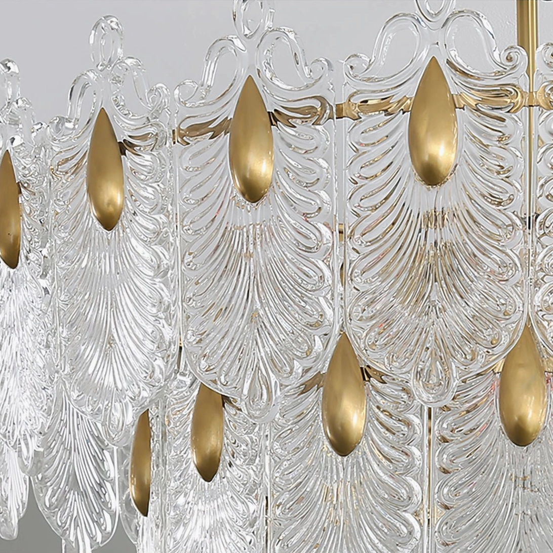Decazes two-tier chandelier warm light ambiance, copper finish with textured clear glass, mid-century modern ceiling light
