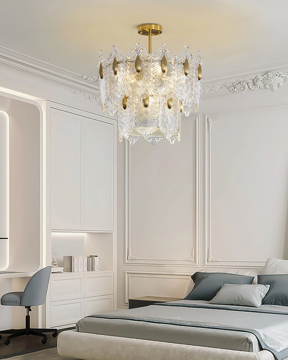 Bedroom crystal chandelier Decazes, French neoclassical bedroom setting with white wainscot paneling and neutral luxury decor