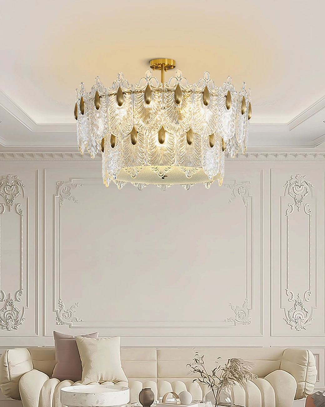 Formal living room Decazes chandelier, neoclassical interior with carved decorative wall panels, warm ambient lighting