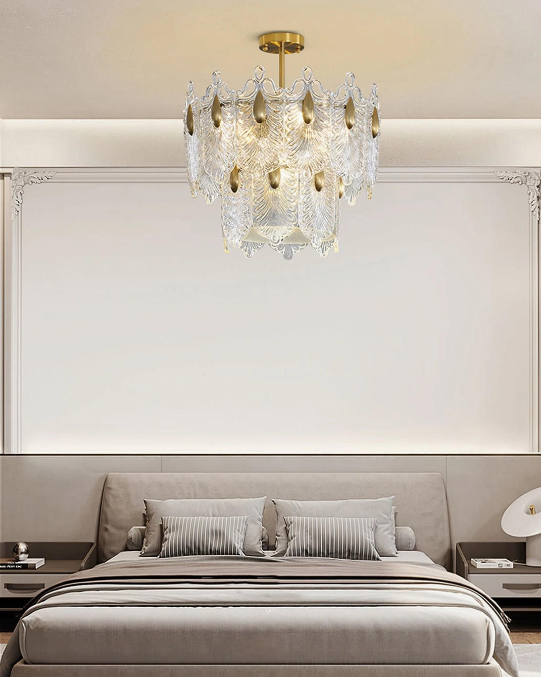 Modern minimalist bedroom with Decazes chandelier, neutral bedding, low-profile bed, contemporary ceiling light fixture