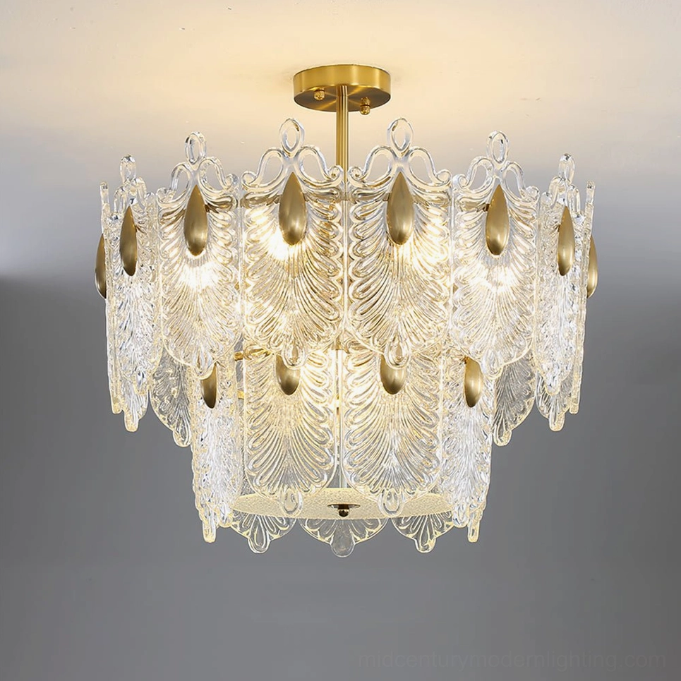 Semi-flush Decazes crystal chandelier with dual-layer design, peacock feather glass pattern, and brass hardware close-up detail