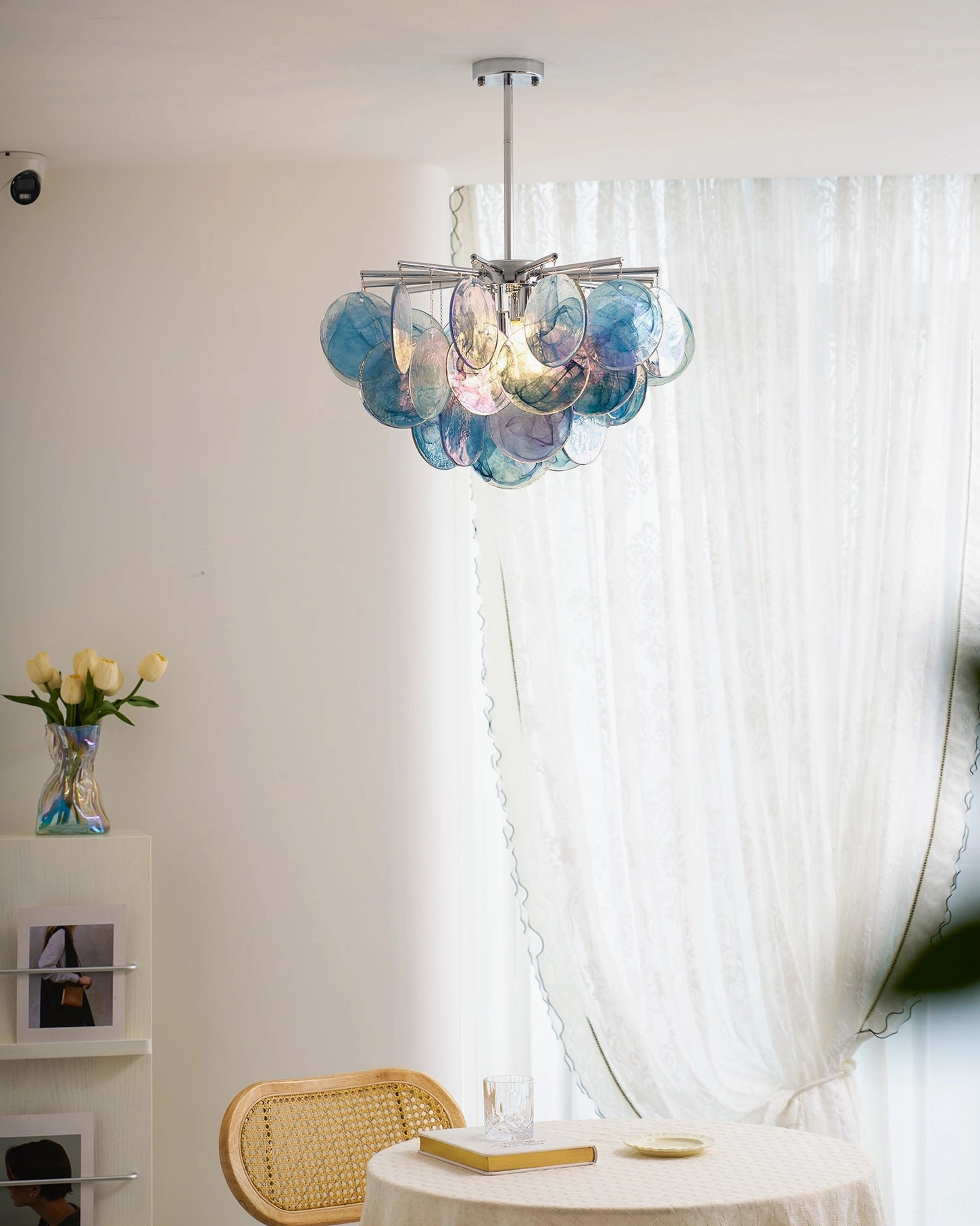 Dekorfine marble-swirl glass sputnik chandelier blue colorway with polished chrome frame