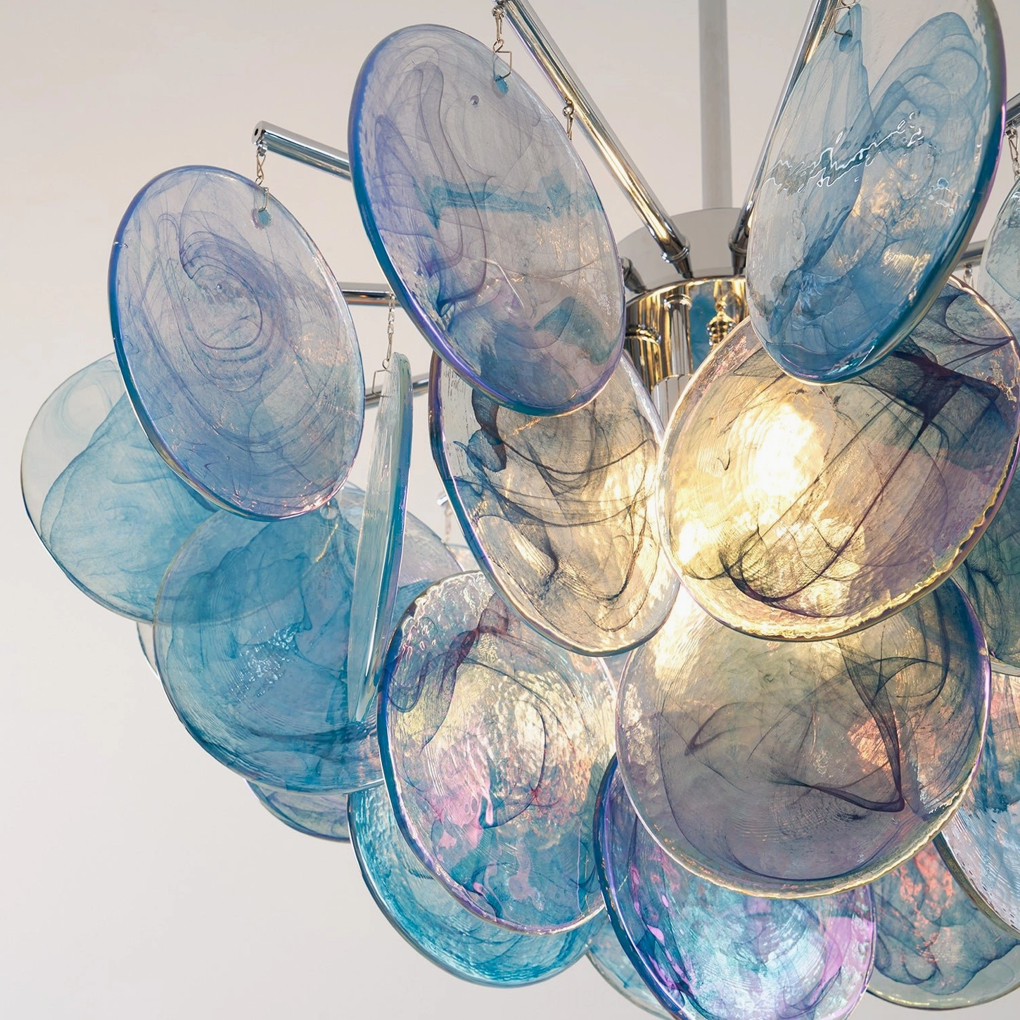 Dekorfine cascading Murano glass disc chandelier green marble-swirl sputnik chrome frame