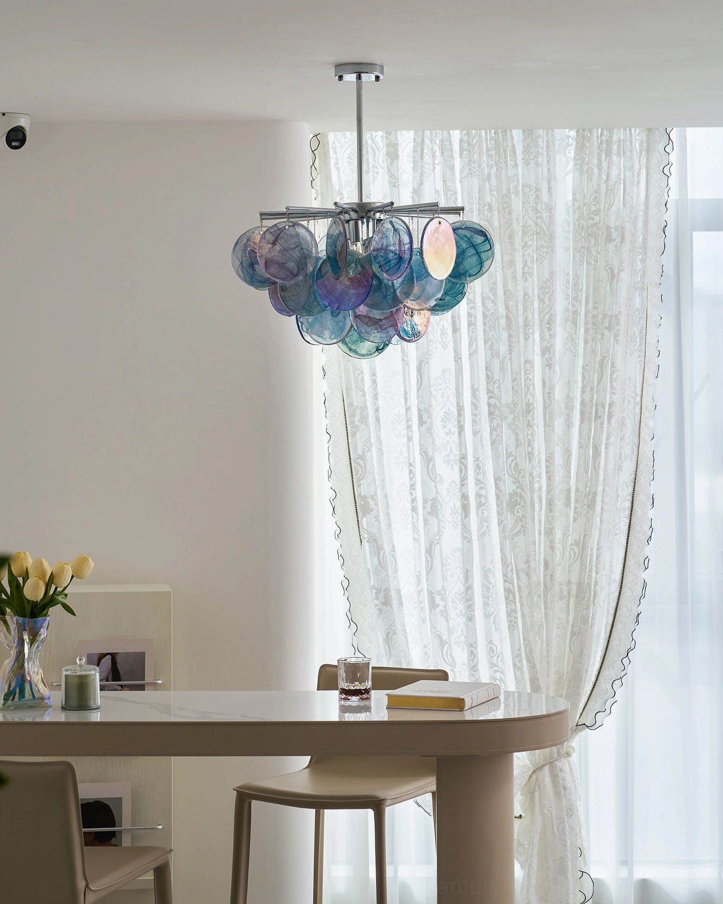Dekorfine cascading glass disc chandelier green marble-swirl mid-century modern sputnik form