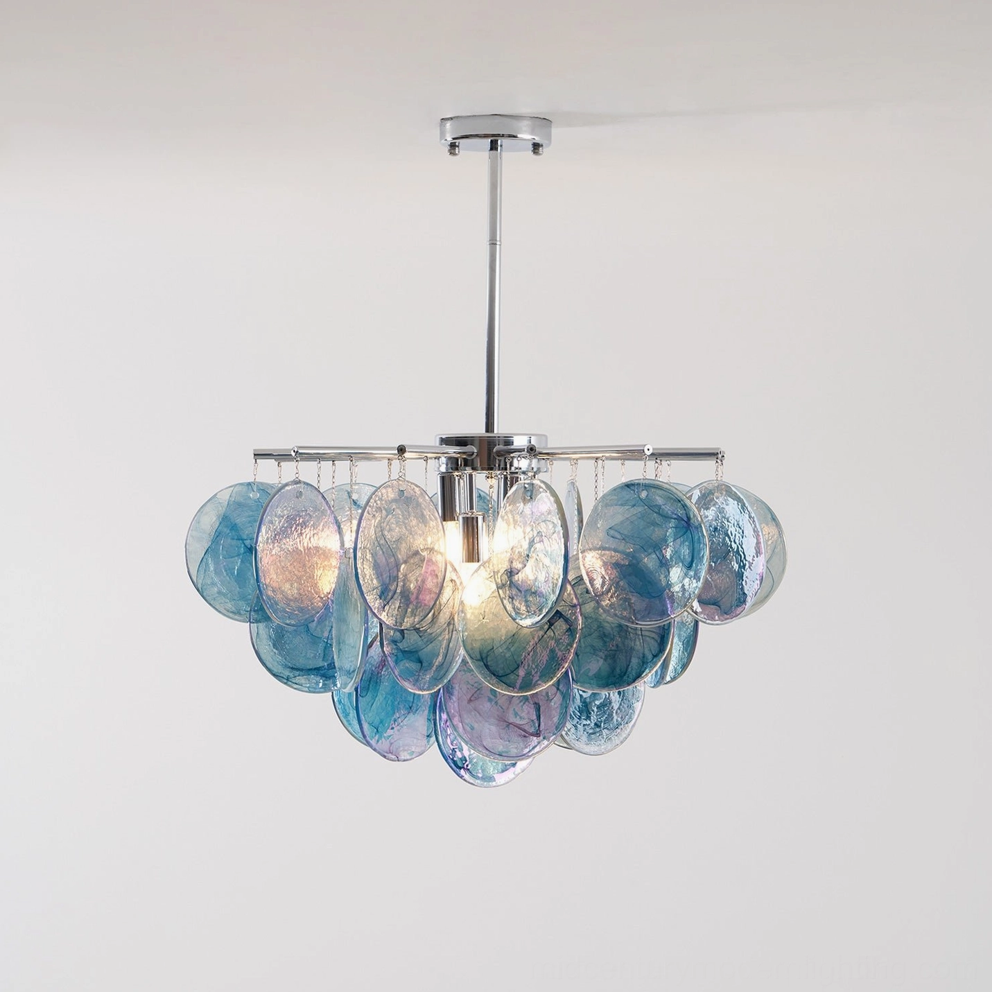 Dekorfine cascading glass disc chandelier showing hand-formed Murano technique sputnik design