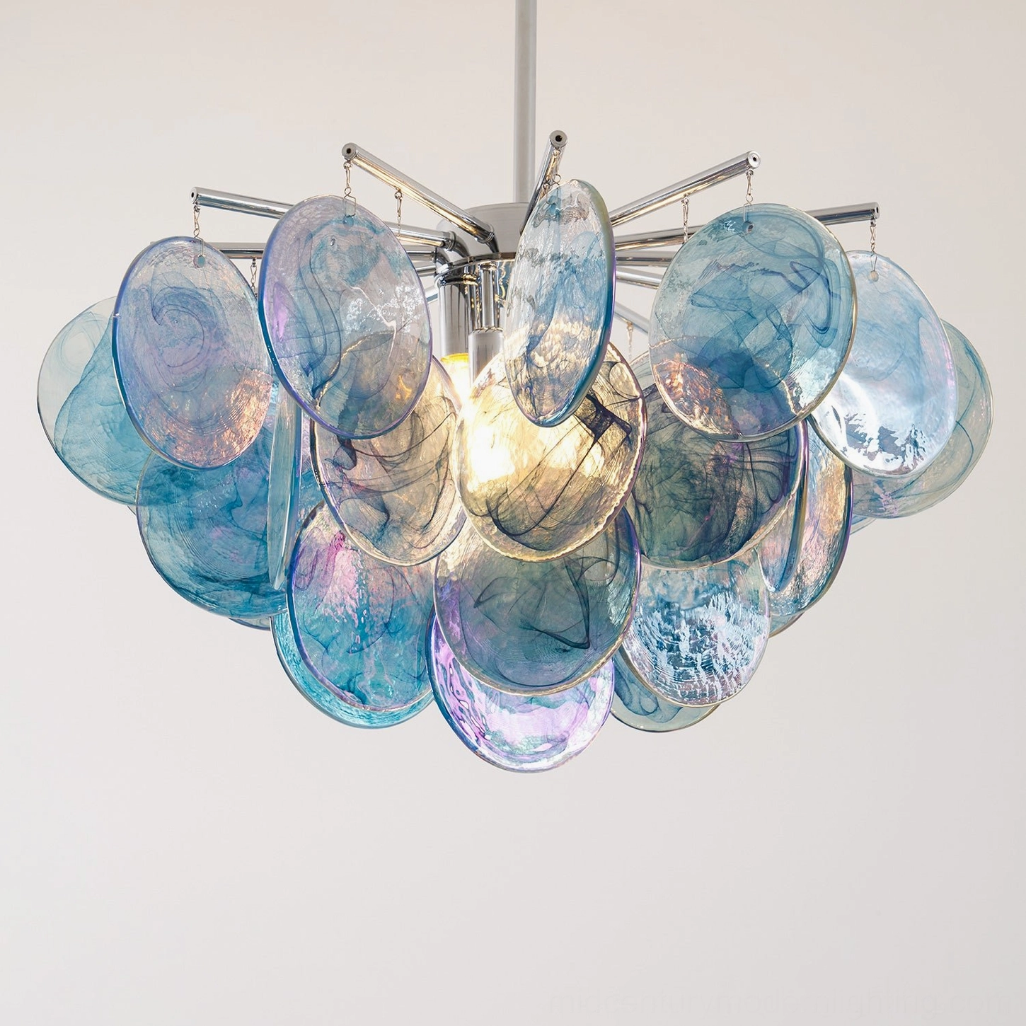 Dekorfine Murano glass cascading disc chandelier pink radiating chrome arms sputnik