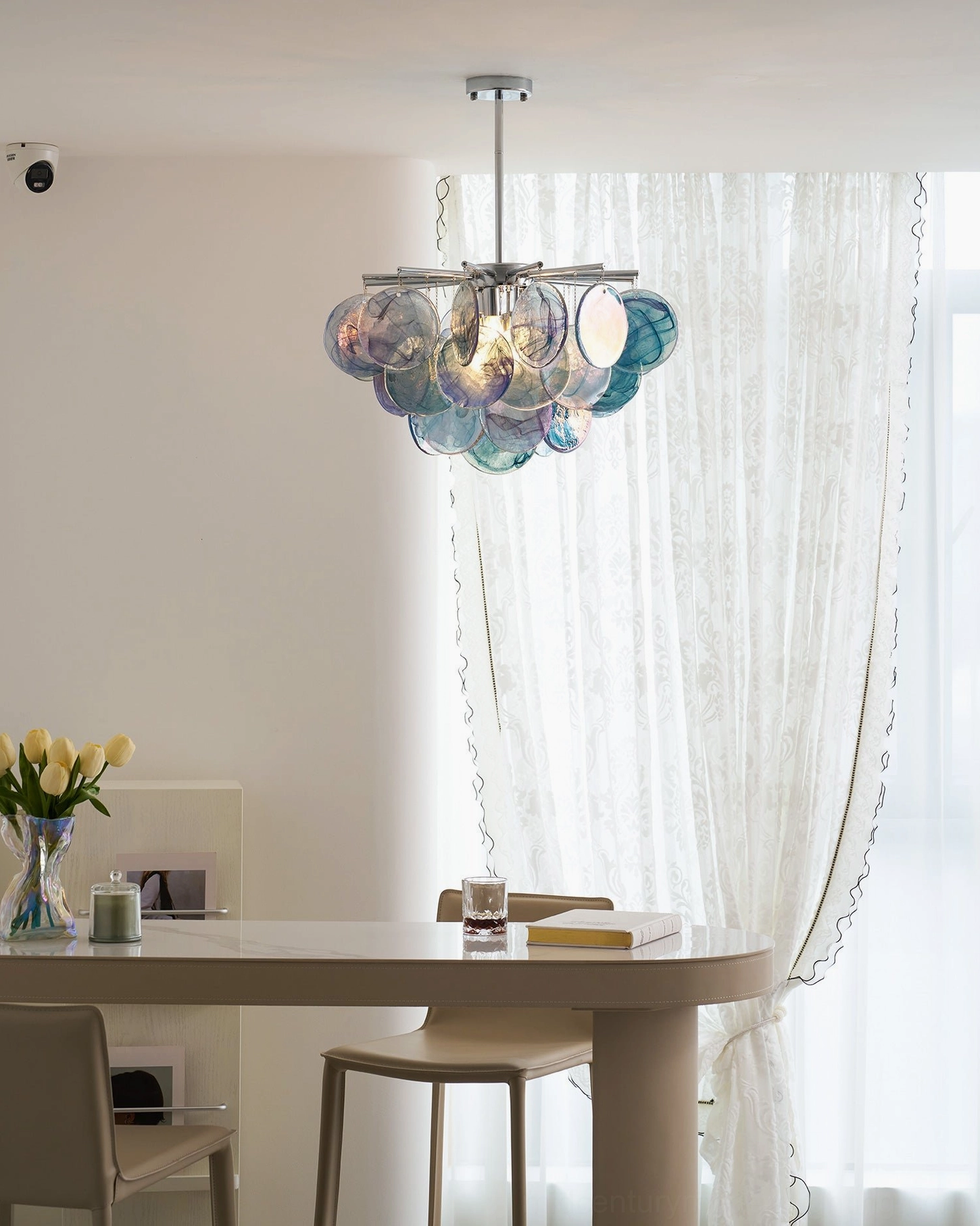 Dekorfine Murano glass chandelier white luminous discs sputnik chrome frame