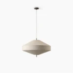 Delaney linen pendant light with geometric metal frame, studio product shot, neutral beige fabric shade