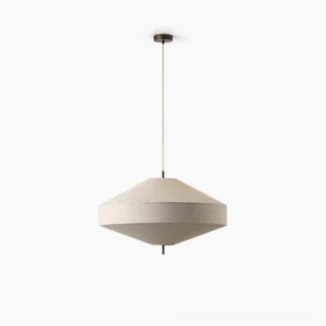 Delaney linen pendant light with geometric metal frame, studio product shot, neutral beige fabric shade