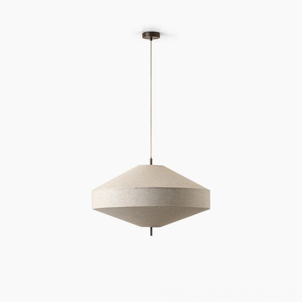 Delaney linen pendant light with geometric metal frame, studio product shot, neutral beige fabric shade