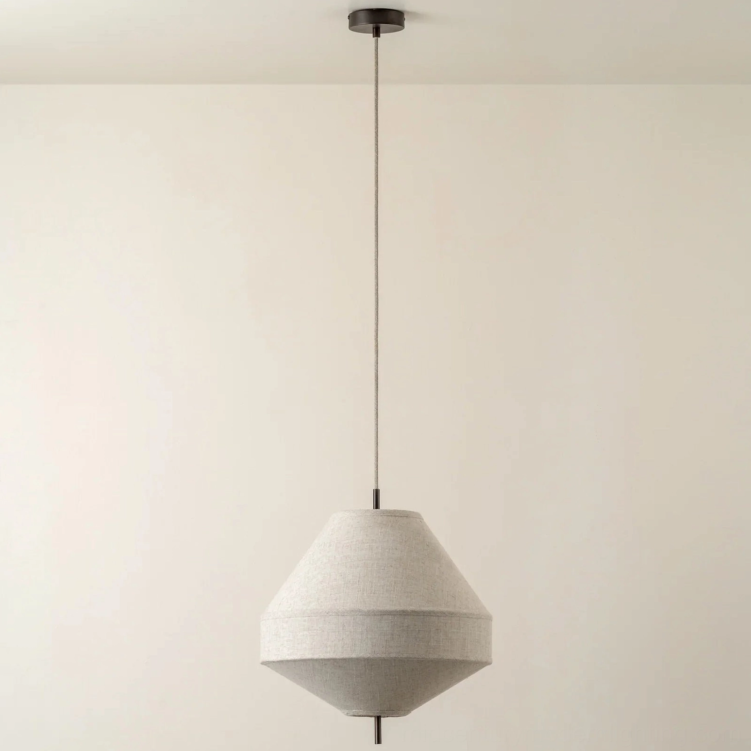 Delaney narrow geometric pendant light with stepped inverted cone shape, off-white linen finish