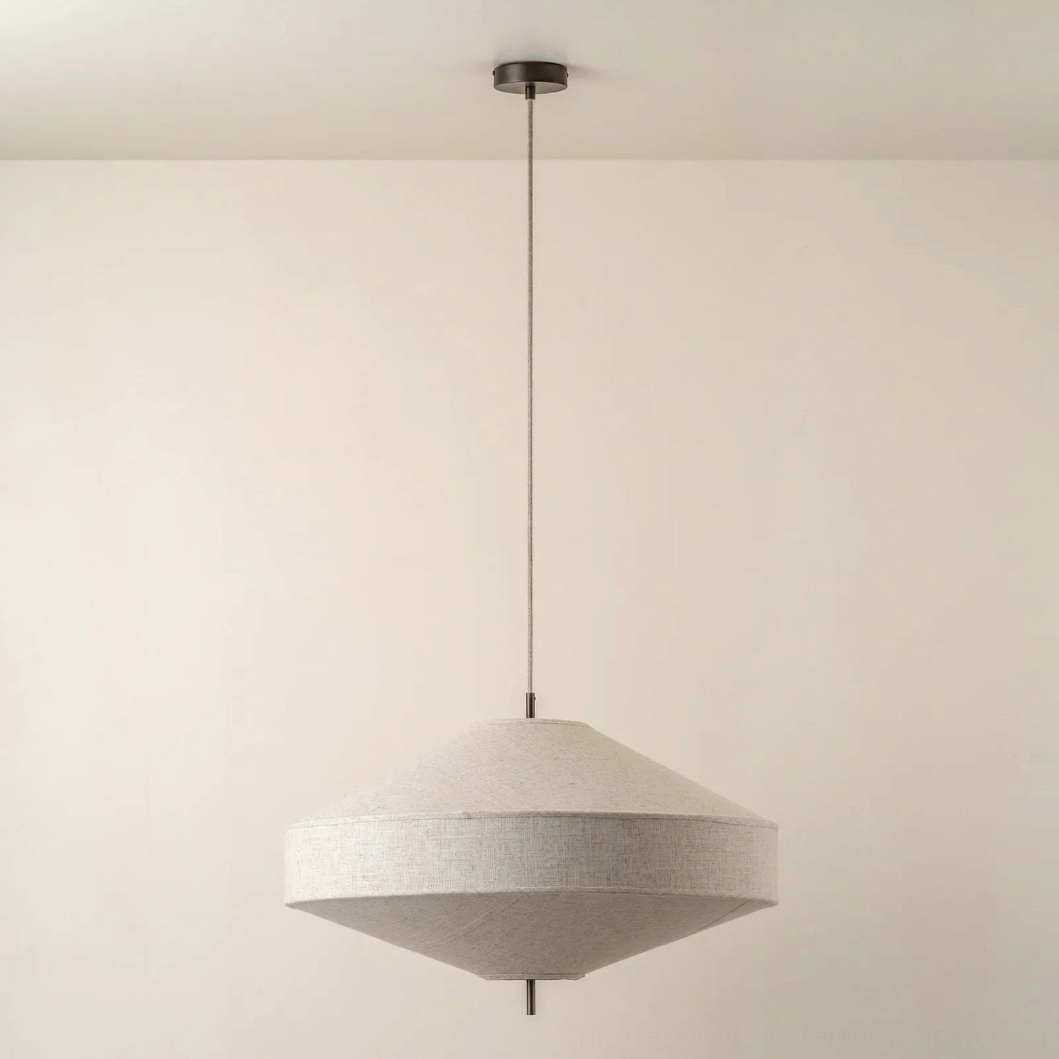 Delaney geometric pendant light overhead top-down view, light grey linen shade, studio background
