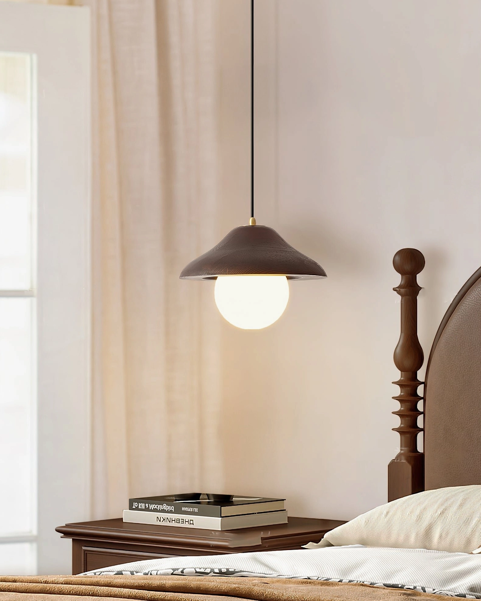 Delano pendant light in master bedroom setting, showing consistent mid-century modern shade and proportions