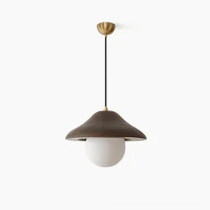 Delano mid-century modern pendant light with walnut wood dome shade and frosted glass bulb, direct frontal view on white background