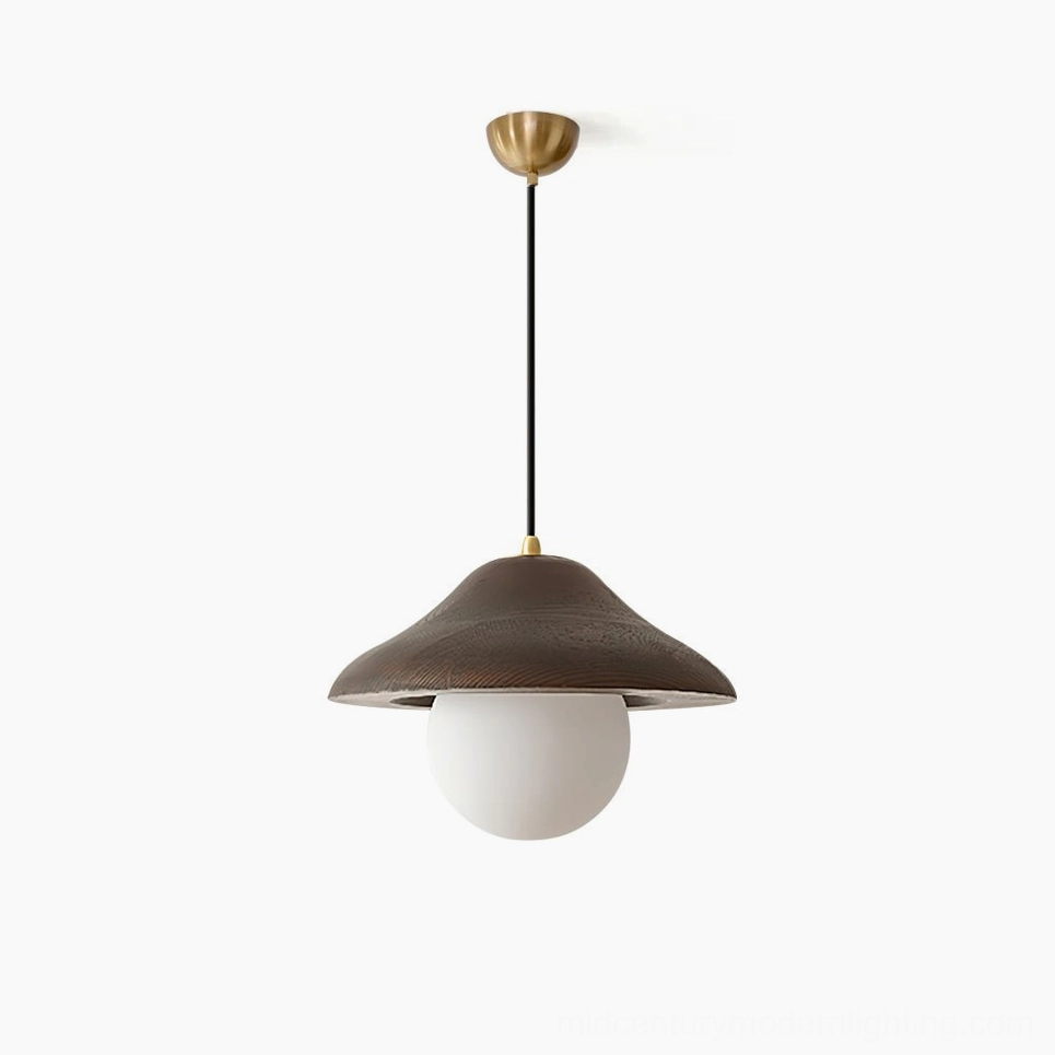 Delano mid-century modern pendant light with walnut wood dome shade and frosted glass bulb, direct frontal view on white background