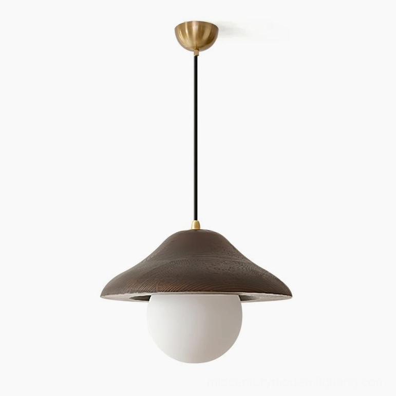 Delano walnut and white pendant light with frosted glass orb, main product shot showing dome shade profile