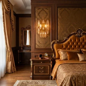 Pink polyhedral wall sconce installed in luxury vintage bedroom with tufted leather bed and dark wood furniture