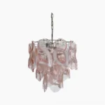Delara pink Murano glass chandelier suspended from ceiling, showcasing tiered layered glass petals with white and pink swirled details against white background