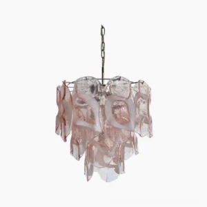 Delara pink Murano glass chandelier suspended from ceiling, showcasing tiered layered glass petals with white and pink swirled details against white background