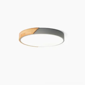 Delphi modern flush mount ceiling light with dark gray metal frame and natural wood accent trim, minimalist nordic design