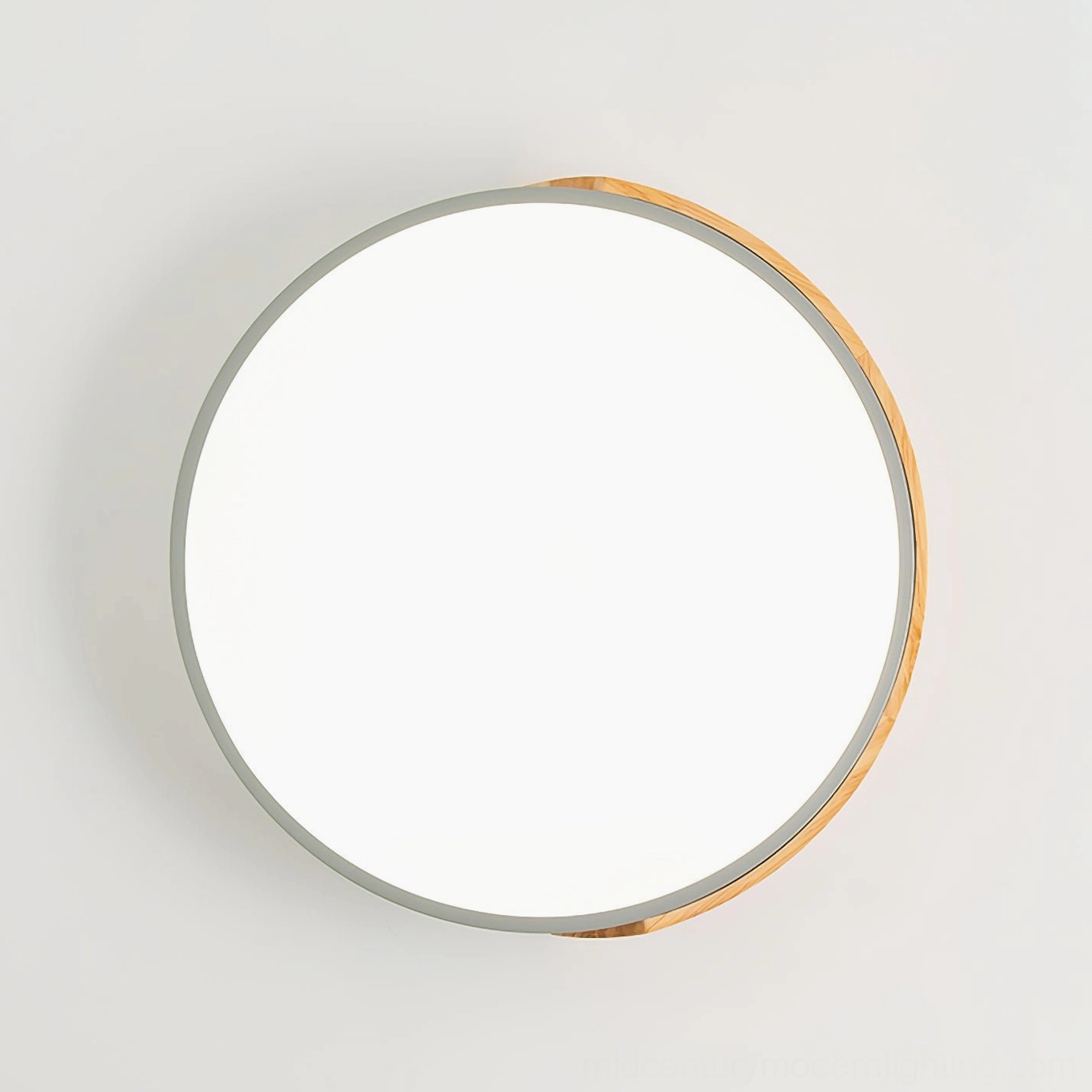 Direct overhead view of Delphi ceiling light combining natural wood and light gray metal materials