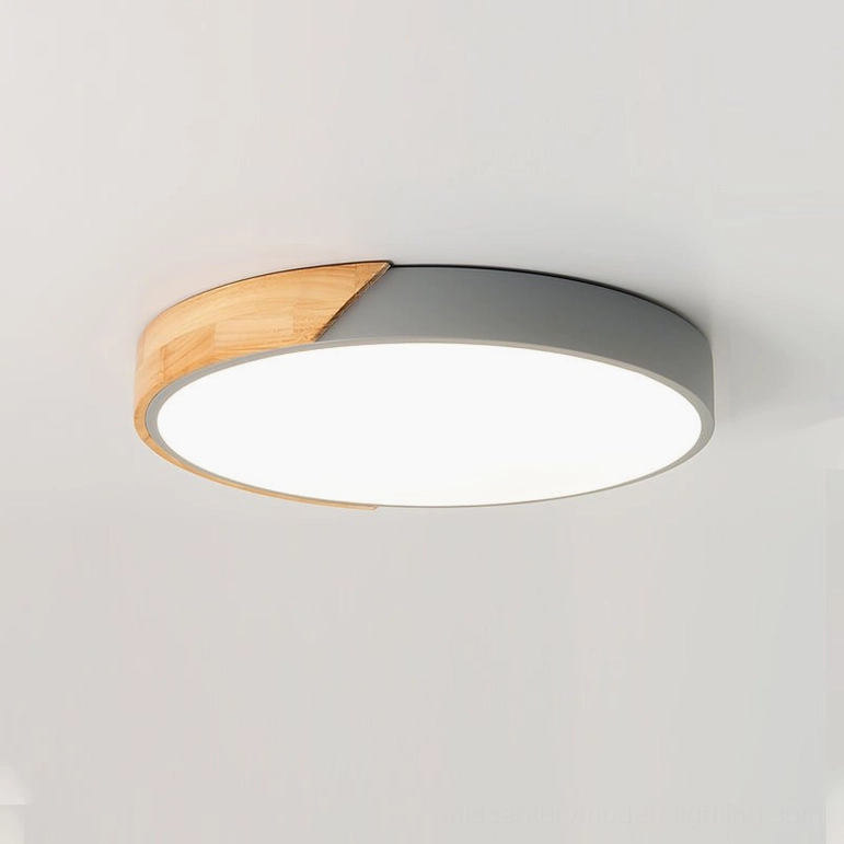 Compact round Delphi ceiling light featuring dark gray matte frame with sustainable wood trim accent