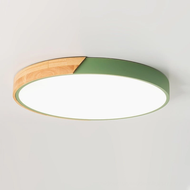 Delphi green ceiling light fixture with natural wood accent for biophilic modern design