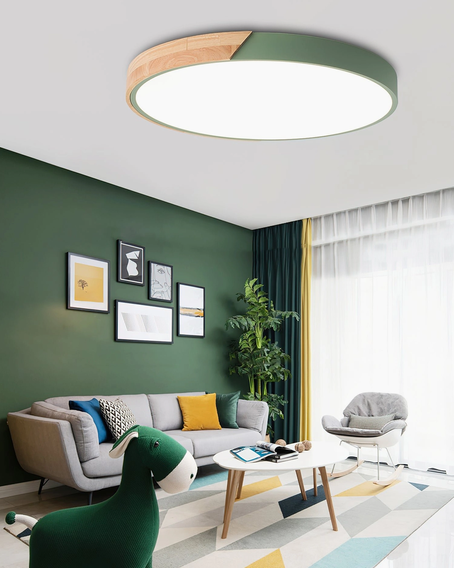 Delphi green ceiling light mounted in scandinavian living room with green accent wall and warm lighting