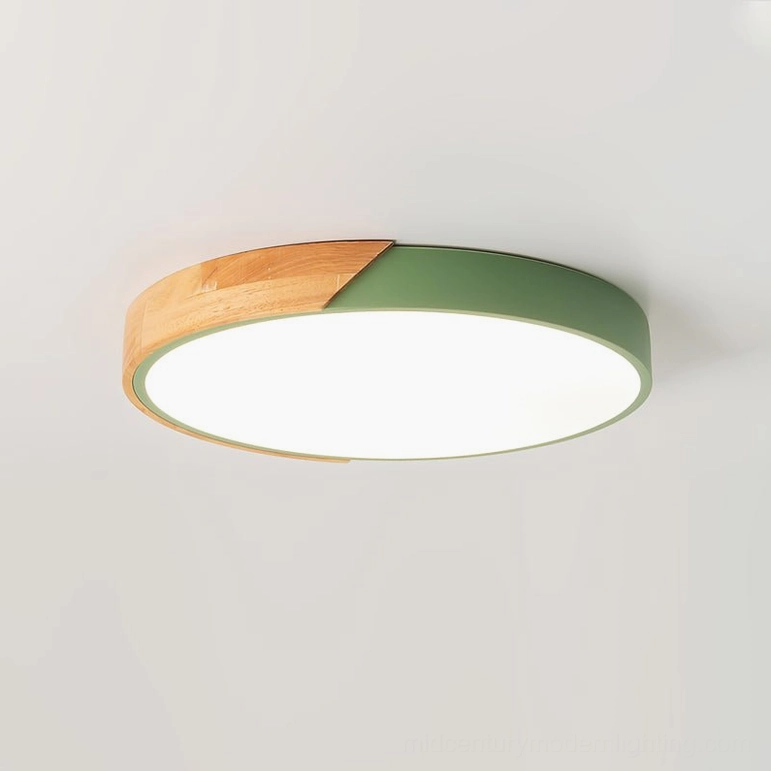 Modern Delphi round ceiling light showing integrated LED and wood accent for contemporary interiors