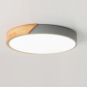 Close-up view of Delphi ceiling light showing matte dark gray frame with natural wood decorative strip detail