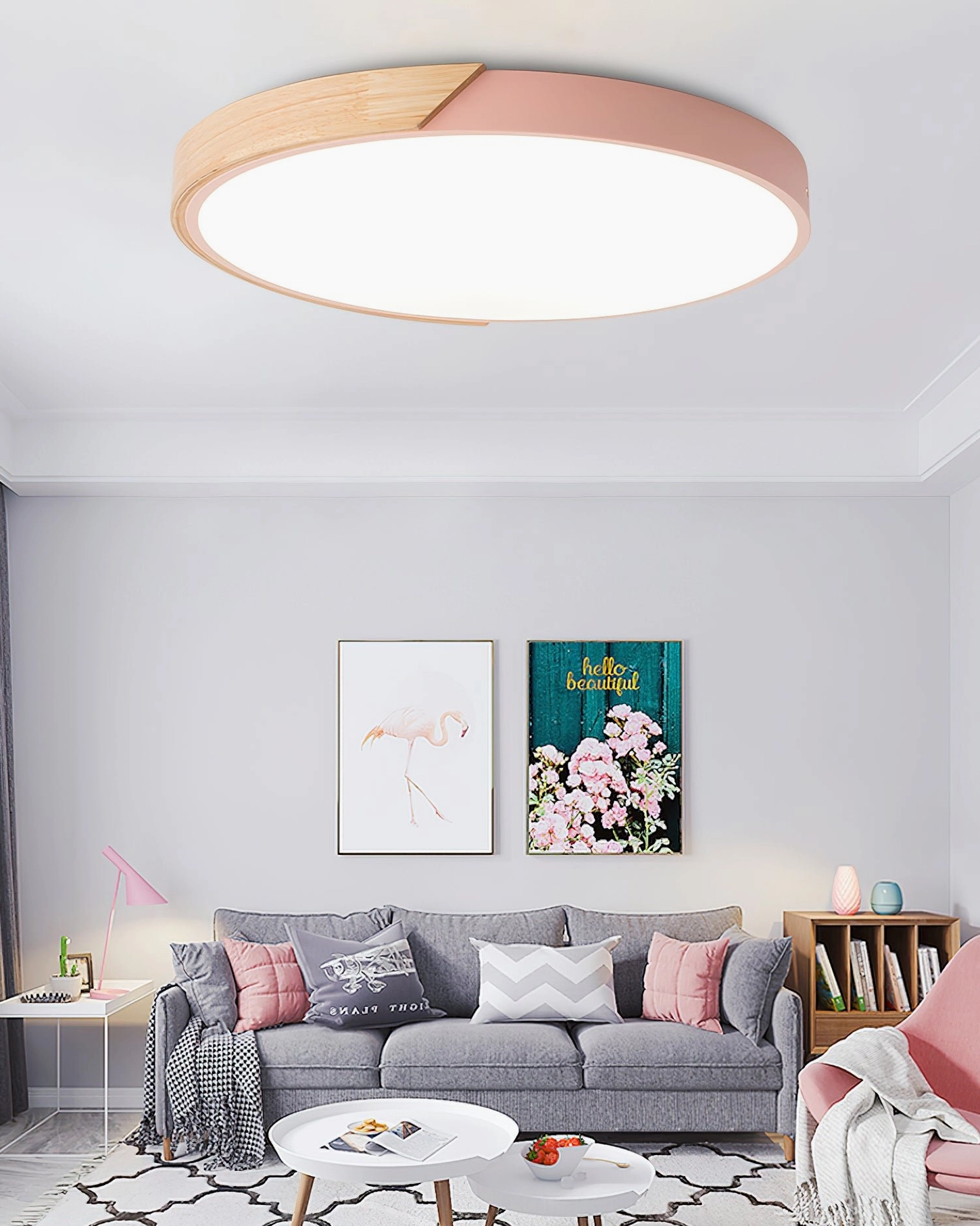 Delphi pink ceiling light installed in modern nordic living room providing warm ambient lighting