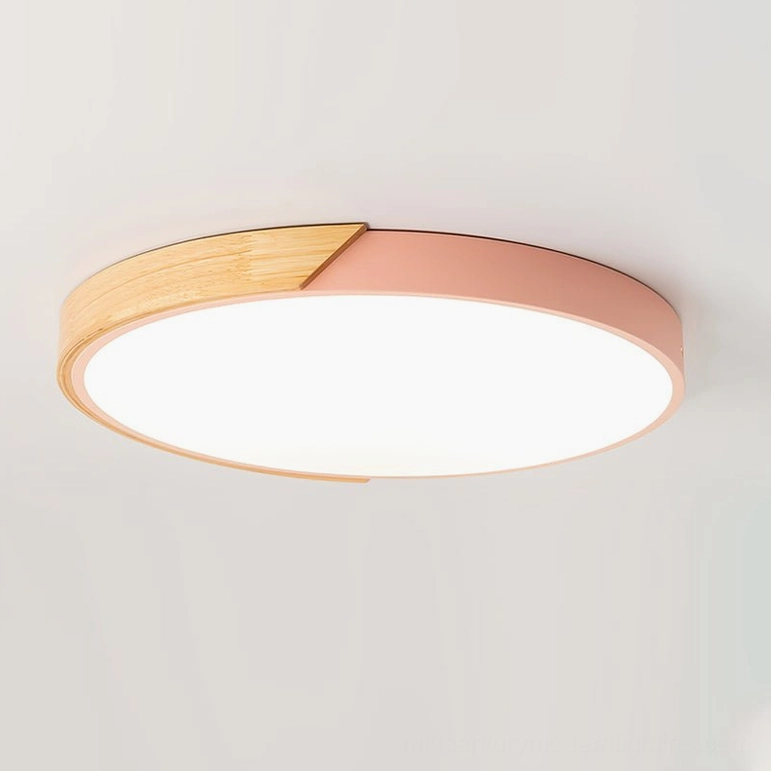 Delphi pink flush mount ceiling light with natural wood trim for scandinavian modern rooms