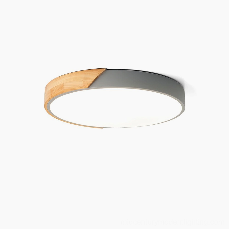 Delphi modern flush mount ceiling light full view with round shape and metal wood combination