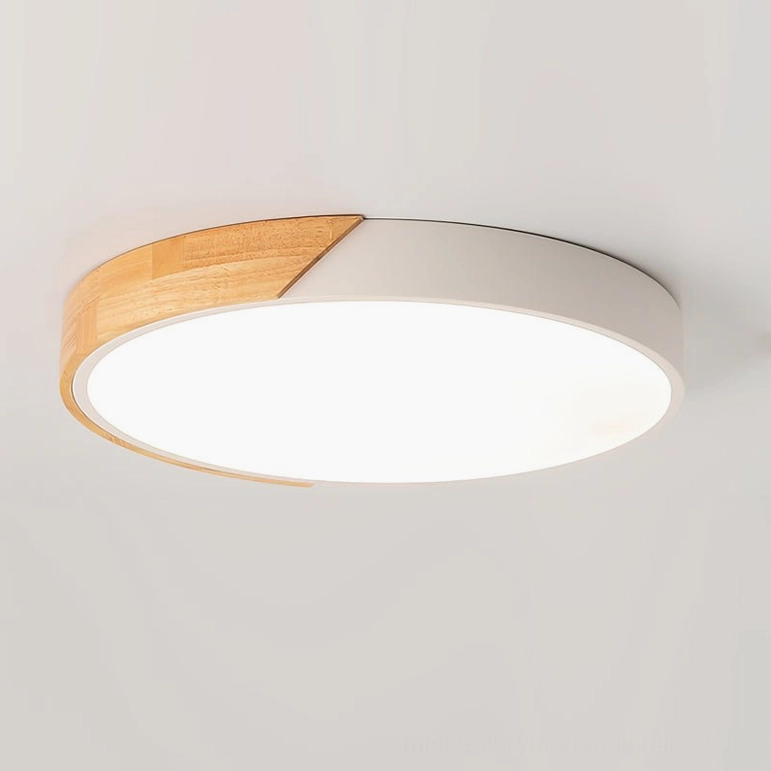 Delphi white minimalist ceiling light with sustainable wood trim for scandinavian modern homes