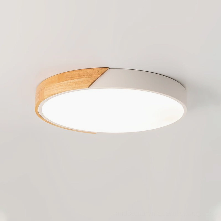 Delphi off-white flush mount ceiling light with natural wood accent strip in minimalist modern style