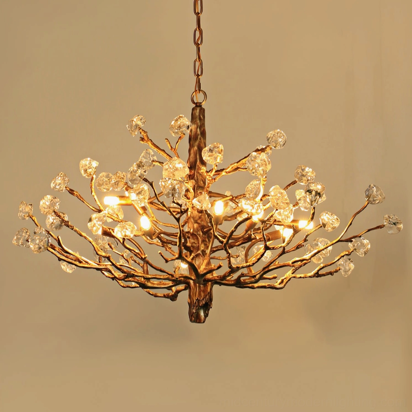 Designer home with sculptural art deco gemstone branch chandelier architectural statement piece