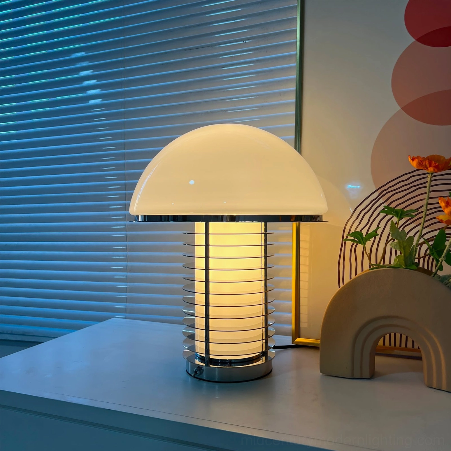 Designer mushroom table lamp demonstrating sculptural presence and functional lighting capability