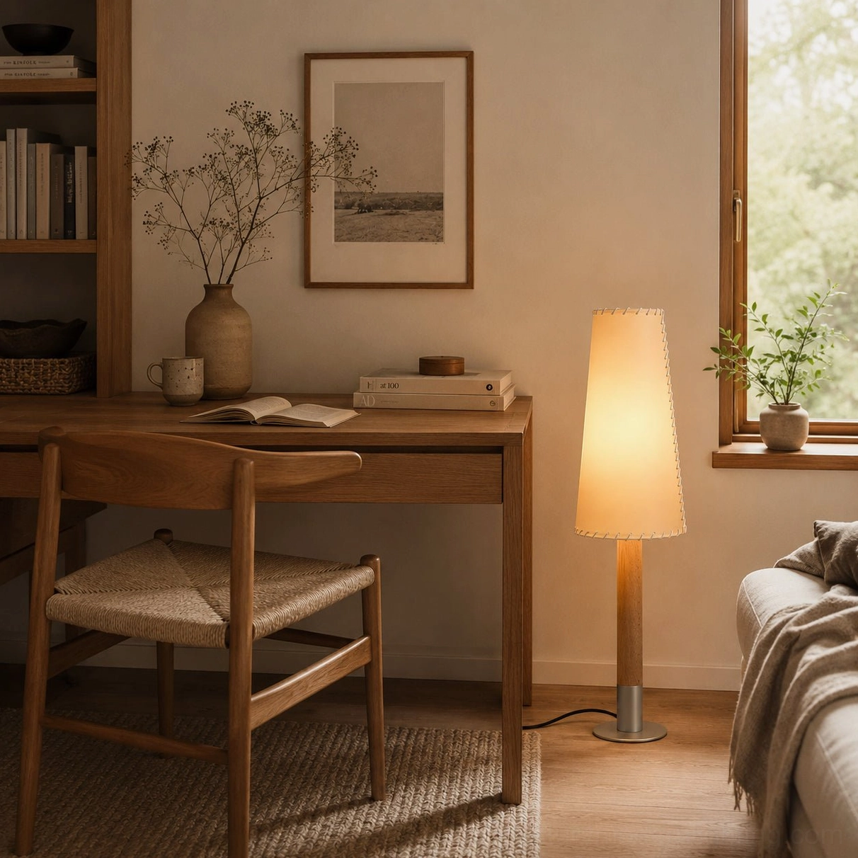 Mid-century floor lamp providing soft task lighting in home workspace with framed wall art