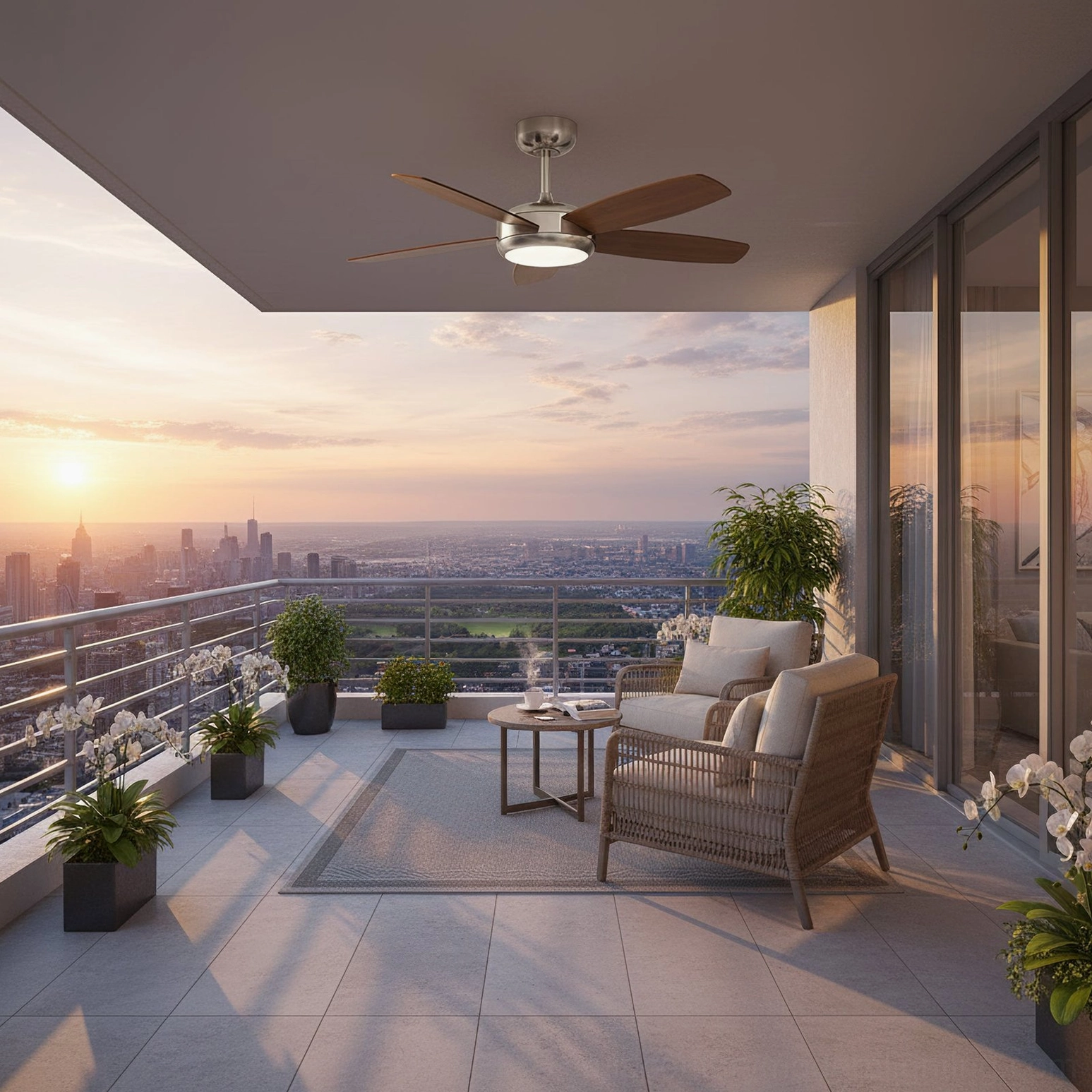 Destin ceiling fan light on high-rise balcony lounge - modern outdoor living design with sunset ambiance
