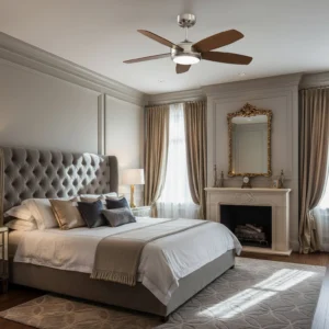 Destin modern ceiling fan with LED light installed in luxury master bedroom - warm neutral interior design
