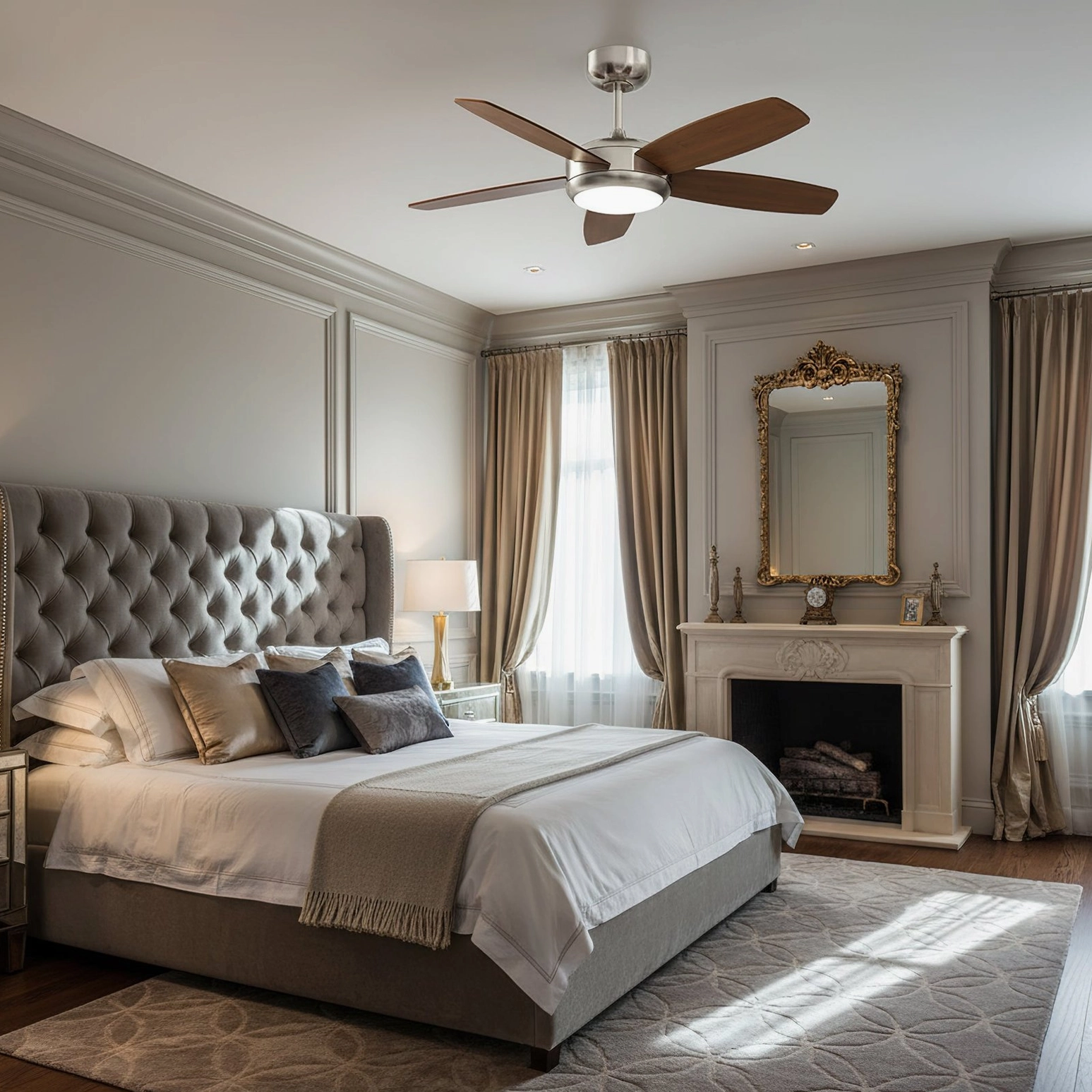 Destin modern ceiling fan with LED light installed in luxury master bedroom - warm neutral interior design